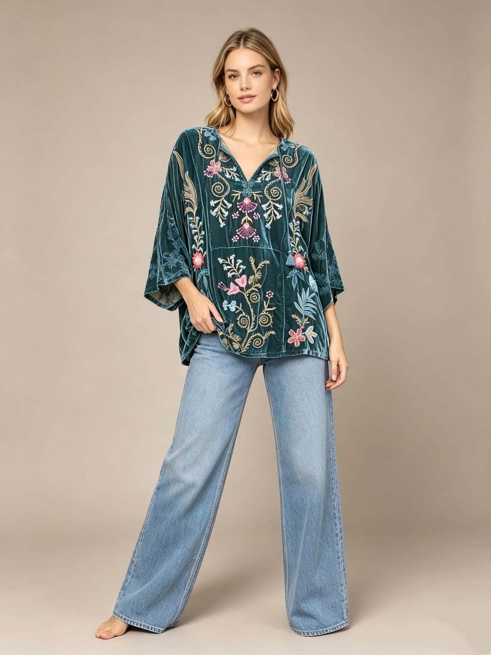 NWOT Johnny Was Silk Blend Velvet Floral Embroidered Tunic Blouse Green Size XL - Picture 2 of 16
